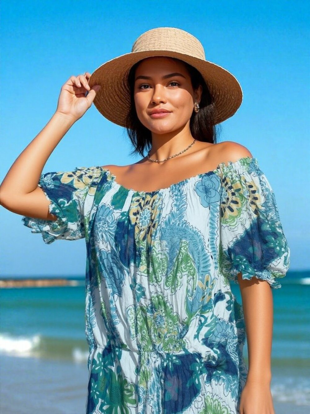 Blue & Green Floral Off-Shoulder Sundress Sheer Beach Coverup